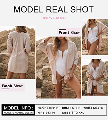 Shewin Womens 2023 Spring Short 3/4 Sleeve Casual Open Front Lightweight Summer Kimono Cardigan Soft Cable Knit Cardigan Sweaters Outwear,Us 4-6(S),Beige #TOP3