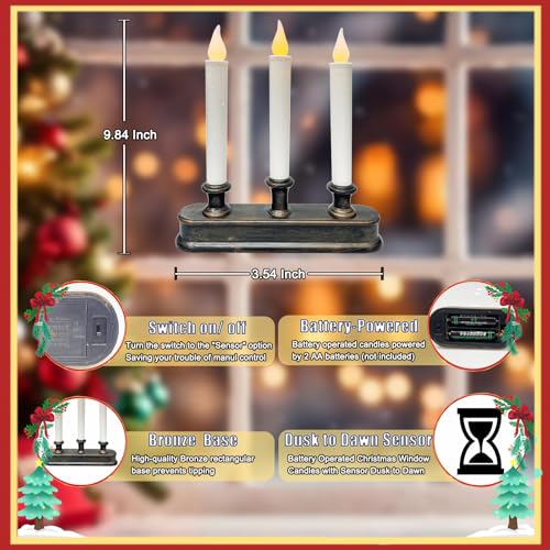 Image of Battery Operated LED Window Candles - 3 Light Flameless Taper Candles with Dusk to Dawn Sensor, 9 Inch Christmas Window Candle Lights with Flickering Amber Flame for Indoor Table Window Holiday Decor