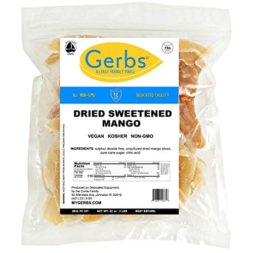 GERBS Dried Sweetened Mango Slices, 32 ounce Bag, Unsulfured, Preservative, Top 14 Food Allergy Free