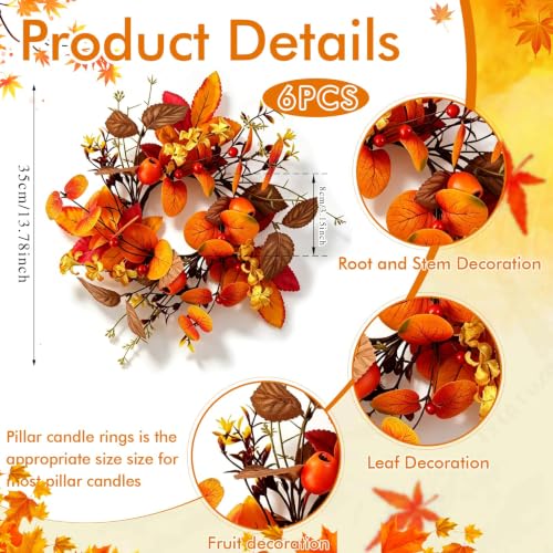 Image of 6 PCS Fall Candle Ring Wreaths Artificial Autumn Eucalyptus Candle Wreath with Leaves Berries Flowers Thanksgiving Farmhouse Harvest Wreath Candle Holder for Pillar Candles Table Centerpiece Decor