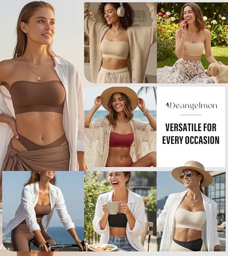 Image of DEANGELMON Strapless Bras for Women Wireless Push Up Non-Slip Bandeau Bra Seamless Clear Straps TubeTop Padded Bralette