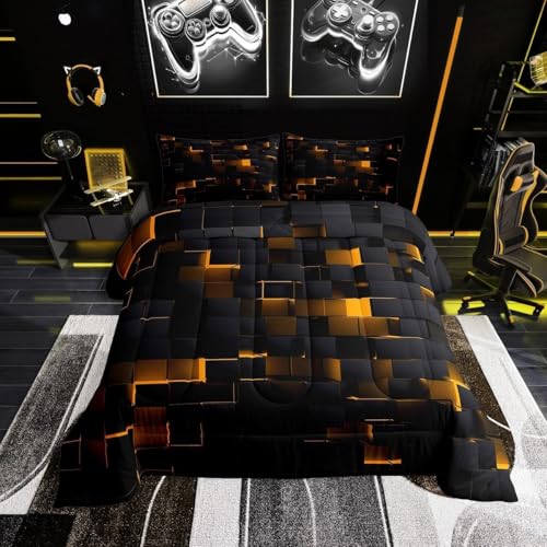 Image of Erosebridal Black and Orange Comforter Set Full Neon Geometric Checkered Bedding Set for Kids Boys Adults Men,Stereoscopic Grid Plaid Comforter Glowing Square Bed Duvet Set 3 Pcs