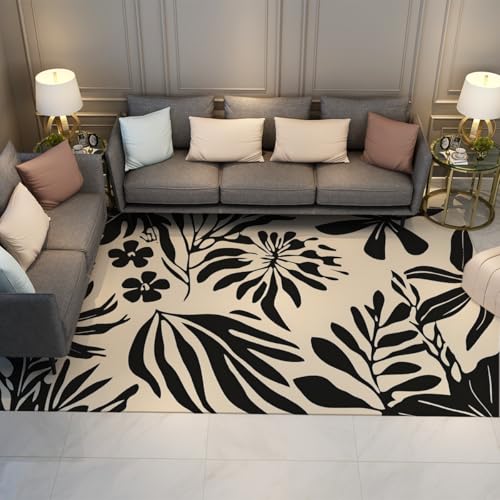 Carpette imprimé feuilles vintage bohèmes tapis noir beige - 2