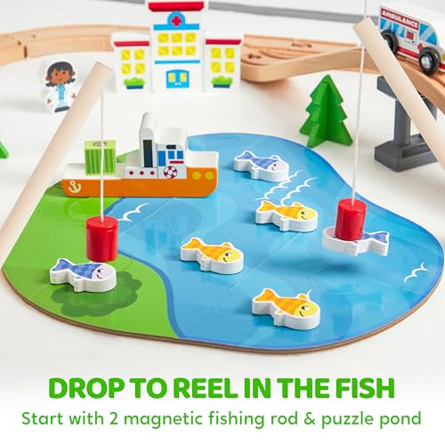 110PCS Wooden Train Set - Toy Magnetic Trains with Wooden Track Set for Kids Ages 3-8, City Scene Railway Set, Perfect Christmas Birthday Gift for Grandkids Toddlers Boys Girls
