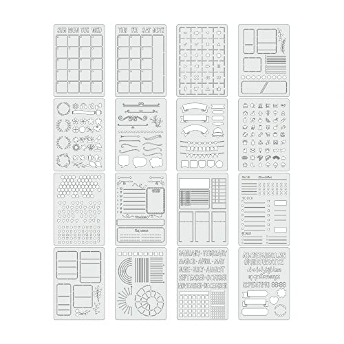 Stencil per Bullet Journal, set di 16 stencil per diario in PET, stencil fai da te per diario A5, scrapbooking, modello di disegno fai da te