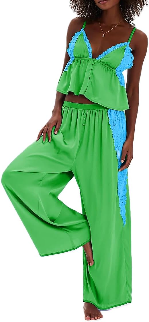 Amiblvowa Silk Satin Pajamas Women Lace Trim Spaghetti Stap Babydoll Tops Mid Waist Wide Leg Pants Y2K Lounge Sets Soft Pjs