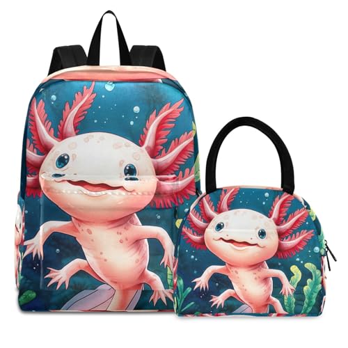 Sac à dos avec lunch box aquarelle axolotl pour le déjeuner d'école
