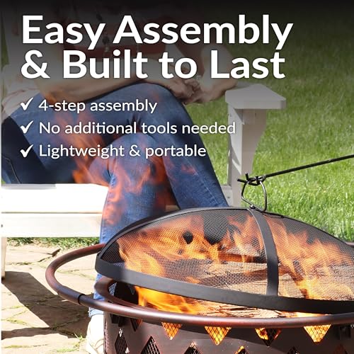 Sunnydaze Crossweave Outdoor Fire Pit - Wood-Burning Fire Pit for Outside with Spark Screen, Poker and Round Cover - Steel Patio Firepit for Backyard, Deck, Porch - 30-Inch - Bronze - Image 6