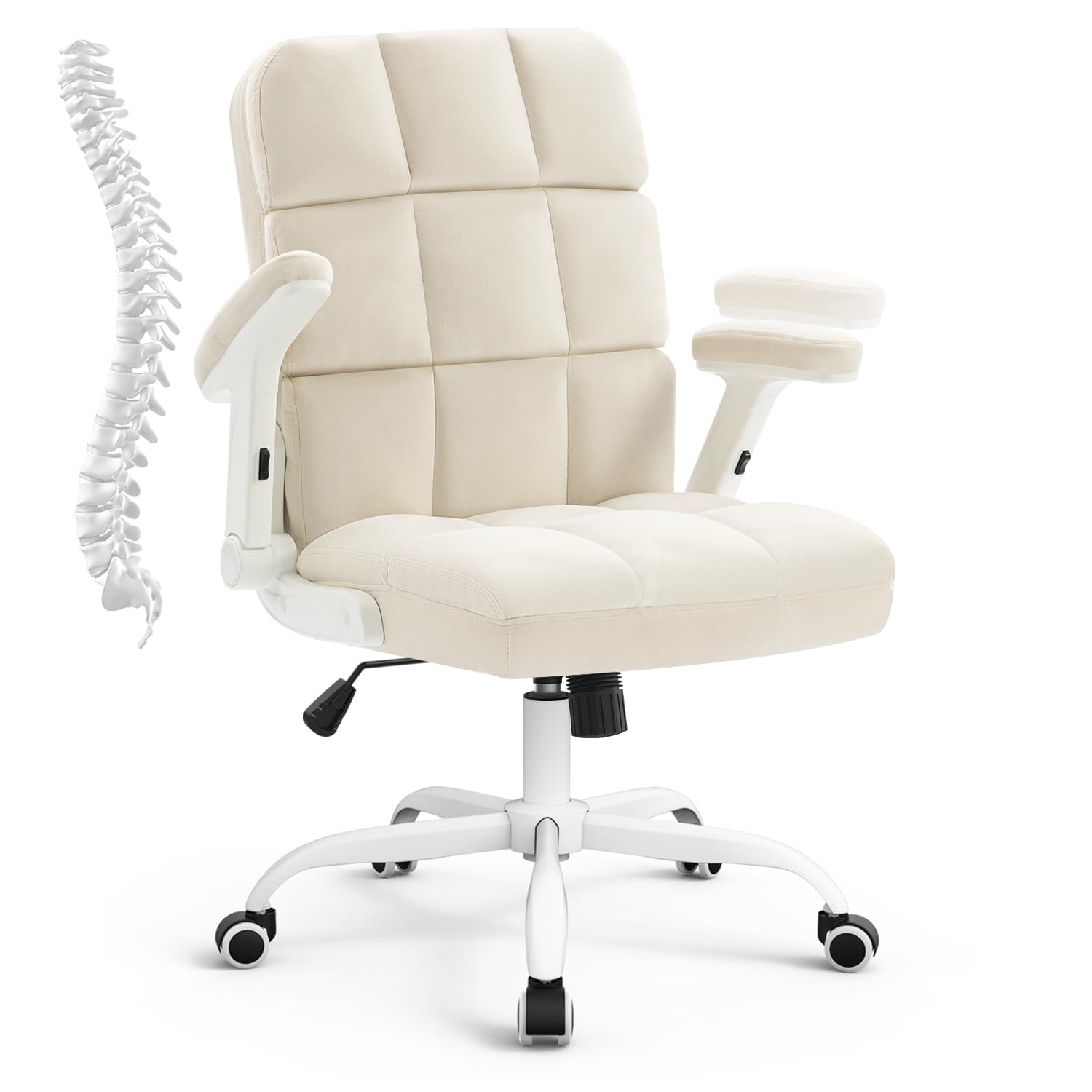 SEATZONE Home Office Chair–Beige Velvet Desk Chair with Wheels, Comfortable Computer Work Chair with Flip-up Arms and Adjustable Tilt