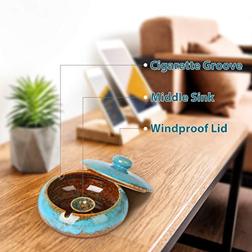 RONXS Ashtray, Outdoor Ash tray for Patio with Lid, Windproof Ashtrays for Cigarettes, Handmade Ceramic Ashtray for Home Office Indoor Decoration - Thumbnail 3