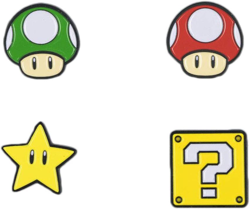 Super Mario Bros Power Ups Enamel Lapel Pin Set Question Mark, Star, Mushroom, and Sunflower, Multicolor, Small