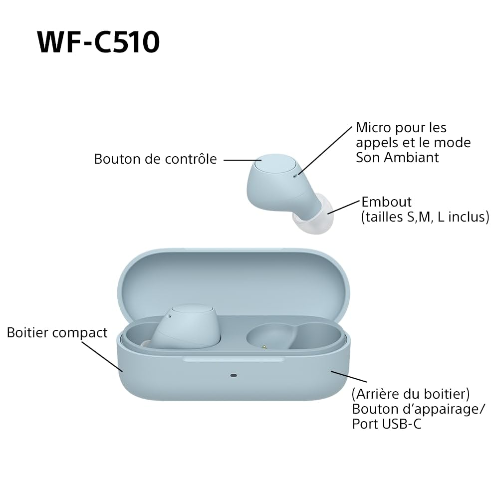 Sony WF-C510 Truly Wireless - Ecouteurs Intra-Auriculaires Bluetooth, Petits, Légers, Connexion Multipoint, Son Ambiant, IPX4, Spotify Tap, Charge Rapide, Batterie jusqu'à 22h, iOS et Android – Bleu