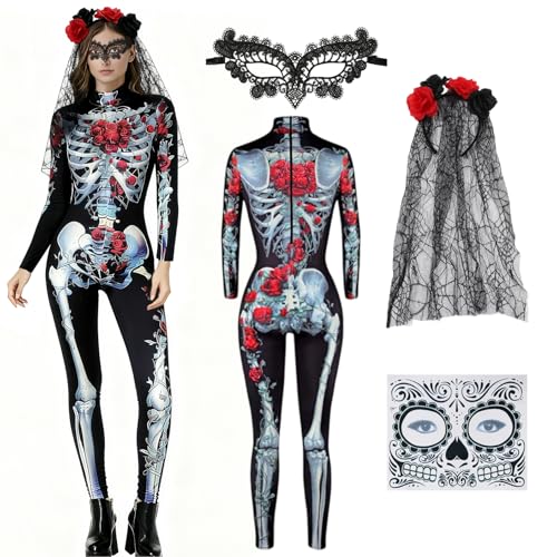 YDUNARISE Halloween Skelett Kostüm Damen, Sexy Gruselig Tag Der Toten Kostüm mit Rose Blume Haarreif, Gesichtstattoo & Spitze Halbmaske für...