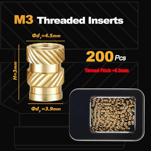 Image of Kadrick 200Pcs M3 Threaded Inserts for 3D Printing Components,M3*3 Metric Brass Knurled Nuts, Insert by Heat into Plastic Parts