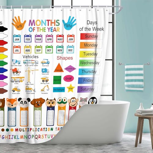 Image of Funny Kids Shower Curtain, ABC Educational Restroom Curtain with Vehicle Smathematical Knowledge for Boys Girls, Gute Pupil Students Learning Tools Cloth Fabric Bathroom Accessories Decor with Hooks