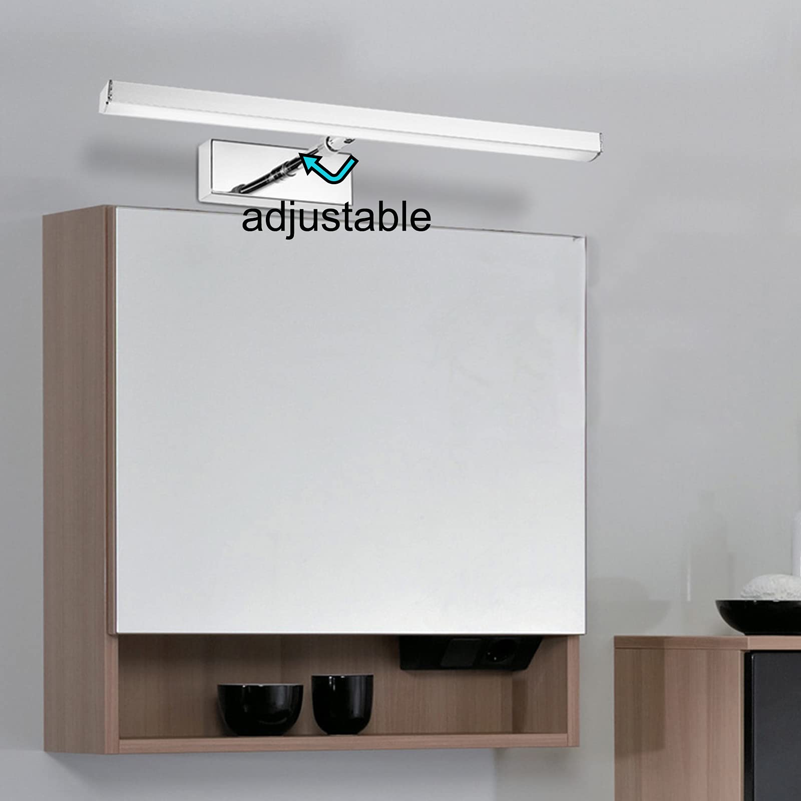 Lámpara LED para espejo de baño de acero inoxidable, moderna lámpara cromada para espejo de baño, giratoria 180 grados, luz sobre espejo, luz blanca cálida 3000K IP44, lámpara de pared para baño con p