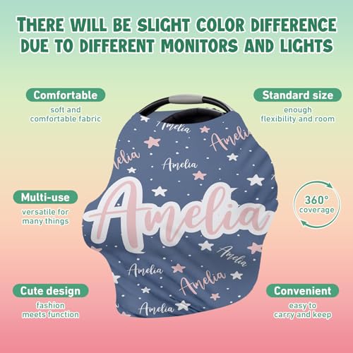 Image of Personalised Car Seat Cover for Girls and Boys - 7 in 1 Multipurpose Breast Feeding Cover, Blue Star Nursing Cover, Grocery Cart Cover - Birthday Gift for Babies