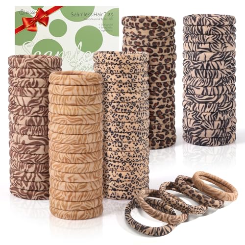 Image of Bessrung 100PCS Leopard Hair Ties, Seamless Hair Bands No Damage for Women | Animal Print Hair Ties, Snag-Free Hair Bands for Thick Thin Hair, Strong All-Day Hold, Hair Accessories for Everyday Use
