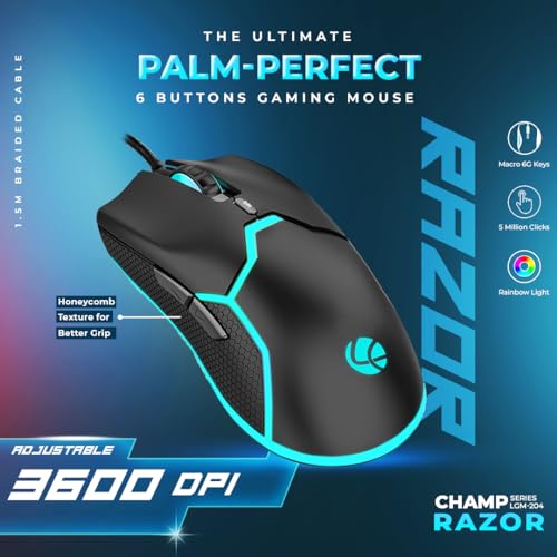 Image of LAPCARE Champ Razor 3600 DPI Optical Sensor Gaming USB Mouse with Rainbow Light | Marco 6G Keys | 5M Clicks | ABS Material | Optical Sensor| Rubber Oil + Laser Carving (LGM 204)