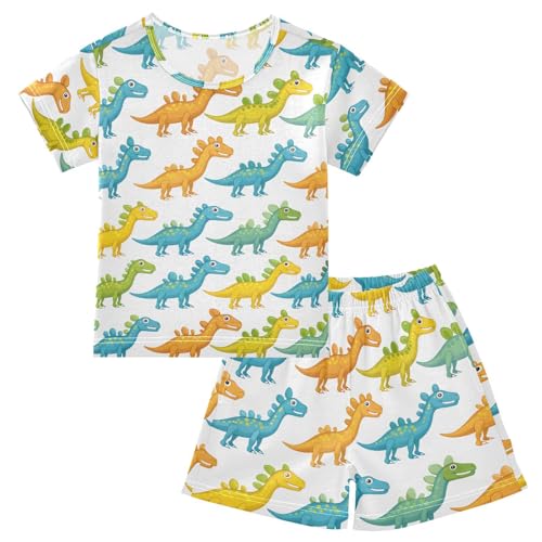 ALAZA Green Blue Animal Dinosaur Pajamas Short Sleeve 2 Piece Sleepwear Top and Bottom Pajama Set Unisex