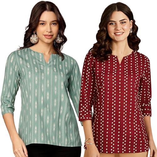 Image of Pinkmint Women's Printed Cotton Blend Short Kurti with 3 /4th Sleeve & Notch Neck l Casual & Office Wear Tunic Shirt Kurti