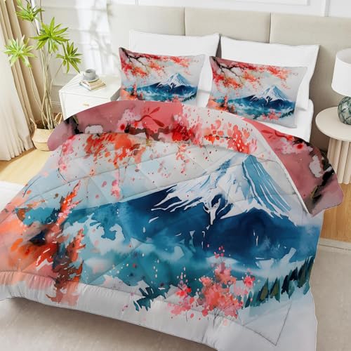 PNHCL JaponéS Edredon Estampado 4 Estaciones, Monte Fuji Edredón Relleno Nórdico Cama 105/135, Flores Edredones Reversible 200x200 cm para Decoracion Dormitorio, Azul Rojo