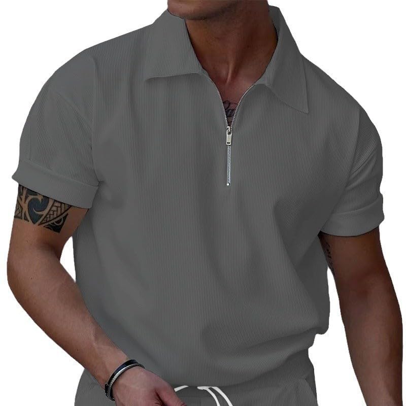 Polo Shirts for Men Corduroy Short Sleeve Zipper Solid Color Ribbed Loose Fit Summer Casual Basic Athletic Golf