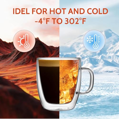 Image of VILON 250ml Double-Walled Glass Coffee Mugs - Set of 6 - Insulated Borosilicate Glass with Handle - Ideal for Latte, Americano, Cappuccino, Tea - Heat Resistant & Dishwasher Safe