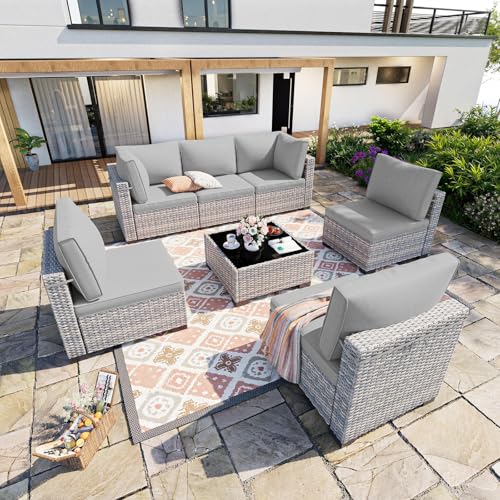 Image of Outdoor PE Wicker Rattan Modular Patio Sectional Sofa Set | 7-Piece: 6 Modular Seats & Coffee Table with Thick Cushions, Grey