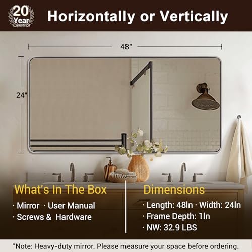 Image of ANDY STAR 24''x48'' Chrome Bathroom Mirrors, Rounded Rectangle Bathroom Wall Mirror in 1'' Rustproof Tube Metal Frame, Decorative Mirror Hang Horizontal /Vertical for Bathroom Remodel,HD Glass