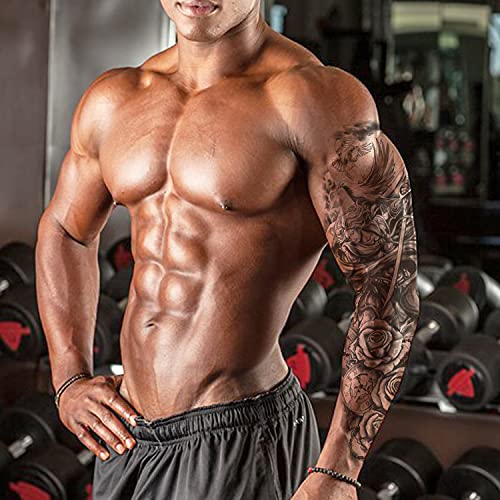 Oehok Temporary Tattoos, Extra Large Full Arm Fake Tattoos, Cool Waterproof Tattoo Stickers, Body/Leg/Arm Lasting Tattoos Sleeve For Adult/Man/Women/Girl, Fashion Black Angel And Rose 3D Realistic Tattoo #TOP5