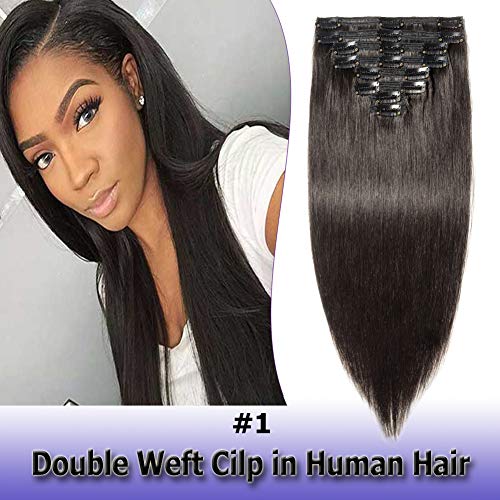 Thick Clip in Hair Extensions Human Hair Black Double Weft Seamless Clip on Remy Hair for Women 8pcs 18 clips 8A Grade Soft Straight Off Black Natural Hair #1B 14 Inch 120g