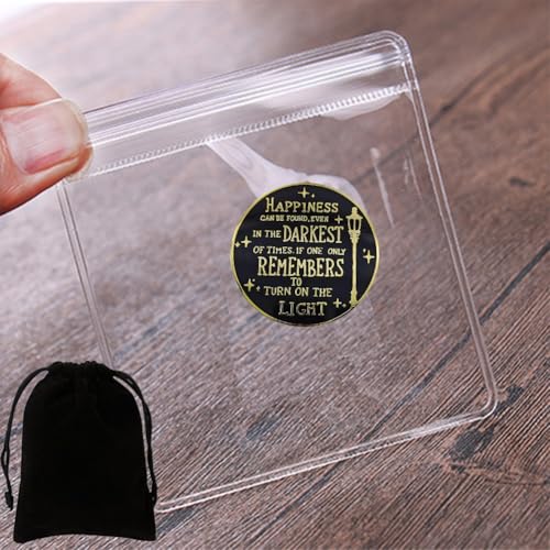 Image of Enamel Pin, Happiness Quote Design, HAPPINESS CAN BE FOUND, EVEN IN THE DARKEST OF TIMES, IF ONE ONLY REMEMBERS TO TURN ON THE LIGHT,Wizard Magic Bookworm Gift