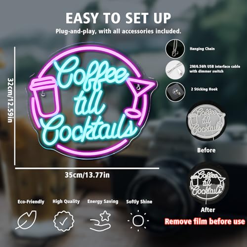 Image of Coffee Till Cocktail Neon Signs for Wall Decor Dimmable LED Neon Light Coffee Light Up Signs for Home Party Gift Office Bedroom Bar Decor