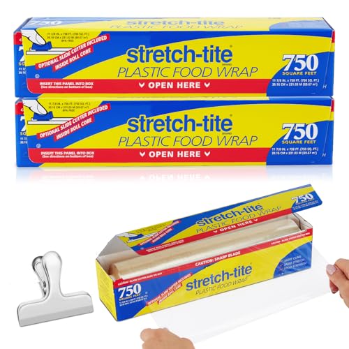Stretch Tite Plastic Wrap For Food With Slide Cutter 750 Sq. Ft 11 7/8 Inch. Pack Of 2 With a Scooply Bag Clip
