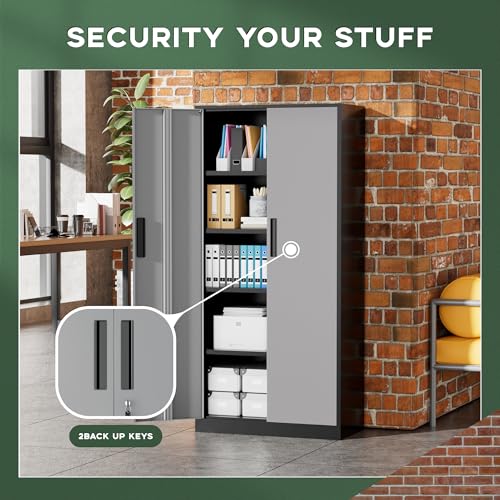 Image of Greenvelly Metal Storage Cabinet,72 inch Locking Metal Garage Storage Cabinet with Doors and 4 Adjustable Shelves, Lockable Steel Cabinet for Home Office, Garage, Shop, School (Black Grey 32 inch W x 16 inch D)