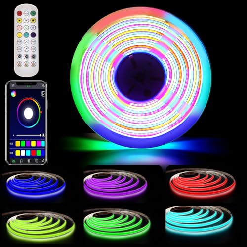 RGB+IC COB LED Strip 3m,24V WS2811 LED Tape Light, Pixel Addressable RGB LED Strip, Colour Chasing Strip Lights, Music Sync, with App and Remote Control for Home,Party