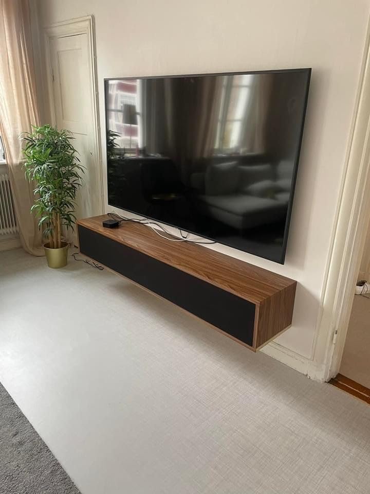 Floating TV Stand with Sound Bar Shelf, Modern Wall-Mounted Media Console, Walnut and Black-image-24