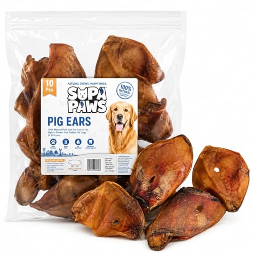 Supa Paws 10 Pack Large Pig Ears for Dogs 100% Natural Air Dried Pork Ears High Protein Aids Muscle and Tissue Repair Dog Treat Grain Free Chew Dog Snacks Perfect Alternate of Beef Ears