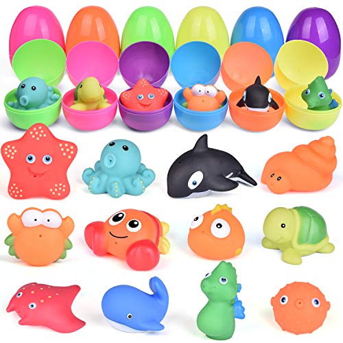 FUN LITTLE TOYS 12 PCs Easter Eggs Prefilled with Bath Toy Squirters, Assorted Sea Animals Bath Toys for Toddlers, Water Toys for Easter Party Favors, Easter Basket Stuffers, Easter Egg Fillers, Kids Prizes