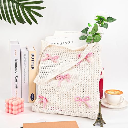 Image of PALAY Tote Bag for Woman Girls Bow Crochet Shoulder Bag Coquette Cute Knitted Women Handbags