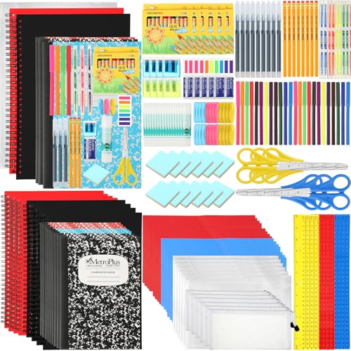 Gilprop 1056 Pcs School Supply Kit 12 Set Back to School Supplies for Students Essential Bundle Kit Include Pencil Notebook Ruler Glue Scissor Sticky Note Eraser Pencil Sharpener