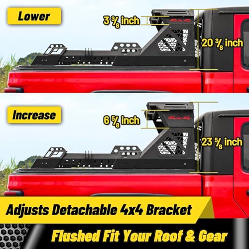 Image of MONOKING Heavy Duty Adjustable Roll Bar with 3rd Brake Light, DIY Color Chase Rack Compatible with Tonneau Cover for 2004-2026 F150 Silverado Sierra 1500 Tundra Gladiator Tacoma, Rugged Carbon Steel