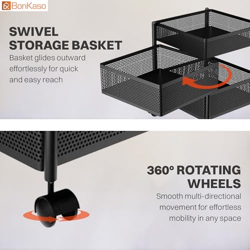 Image of BonKaso 3-Layer Multipurpose Kitchen Trolley with Swivel Storage Basket & 360 Rotating Wheels, Black Steel Frame, Easy Mobility, Space-Saving and Durable