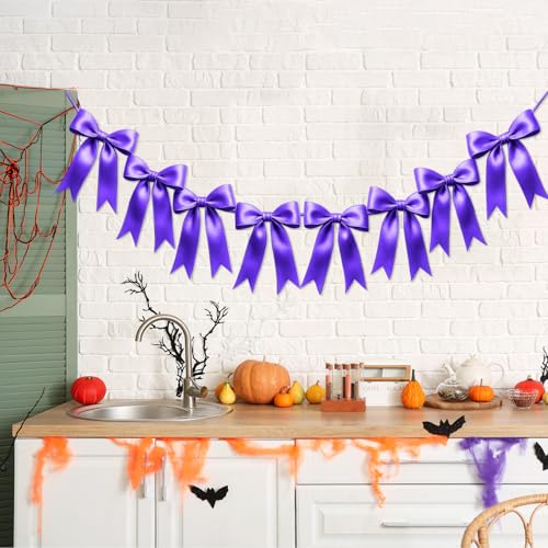 1 String of 8PCS Purple Bow Garland Banner Decoration,Pre-Strung Satin Ribbon Ornaments for Birthday,Bachelorette Party,Bridal Shower,Wedding,Engagement,Baby Shower,Graduation Decor,Anniversary