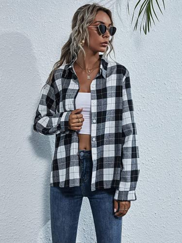 Floerns Women's Casual Long Sleeve Button Down Plaid Shirt Blouse Top4