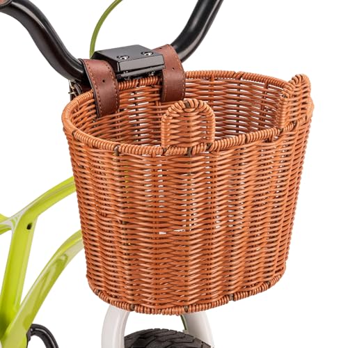 CXWXC Kids Bike Basket - Front Bicycle Bike Basket for Boys Girls - Handmade Woven Wicker Bike Baskets Adjustable PU Straps (Brown)