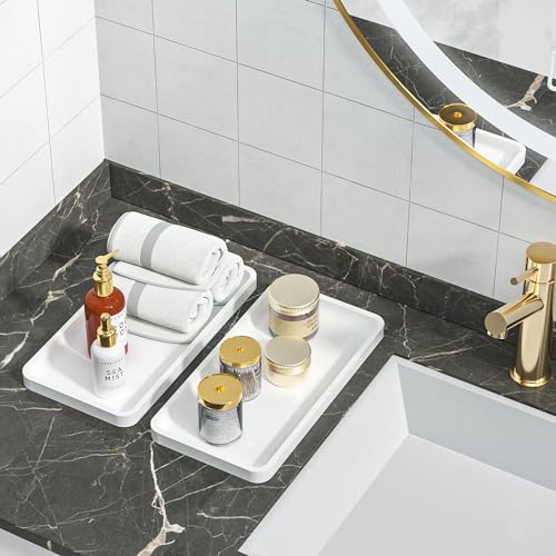 Image of Weenson Bathroom Vanity Trays for Countertop Toiletries Decor Candle Perfume Makeup, Kitchen Tray for Soap Dispenser Spice Salt Oil, White Tray for Toilet Tank Coffee Nightstand Set of 2