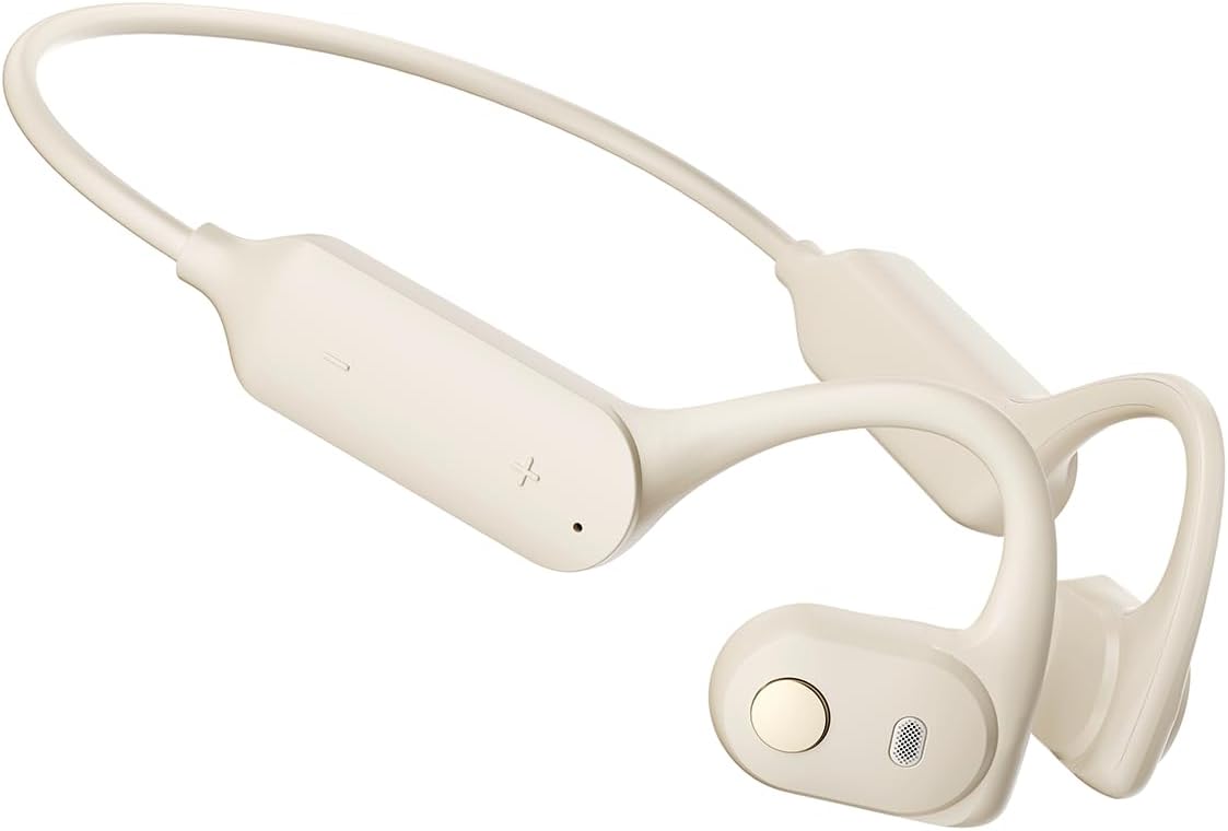 Langsdom AirWave Open-Ear Bluetooth 5.4 Sport Headphones Air Conduction Wireless Earphones with Mic, Built-in 32GB Memory Card, IPX5 Nano Waterproof 26.5 Hrs Battery Life for Cycling Workouts Beige