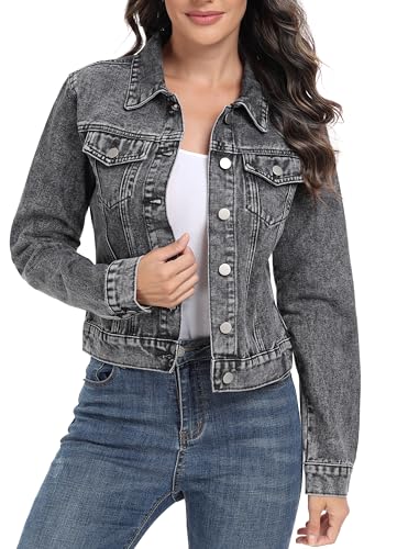 andy & natalie Cropped Jean Jacket for Women Fashion Casual Crop Denim Jackets Trendy Outfit with Pockets Deep Grey Large